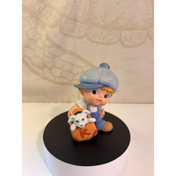 Other - Vintage Boy with Dog Ceramic Figurine Blue Overalls Newsboy Cap K Satchel